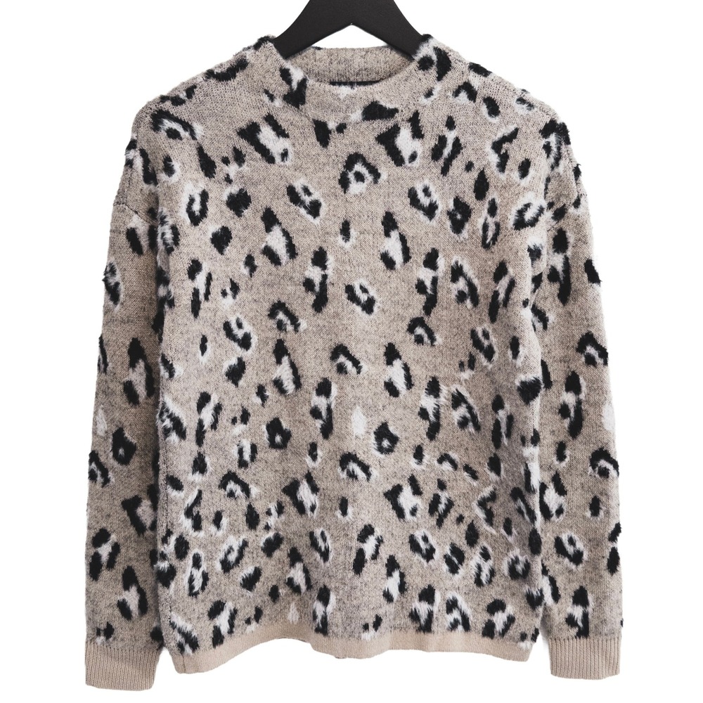 Tribal Leopard Print Sweater Womens PS Tan Black Fuzzy Knit Winter Pullover Top